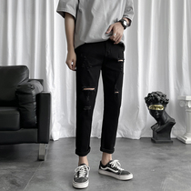 Summer black hole jeans men nine-point Han tide of the trend of small feet cut beggar pants and skulls