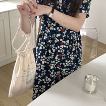 2021 spring new Korean skirt Tibetan green color color temperament thin small white floral retro red button dress women