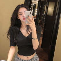 Umbilical short-sleeved T-shirt womens summer ear-edge tight V-neck base shirt tide 2021 new slim sexy short top