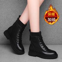 Martin boots female winter plus velvet 2021 New English style flat black autumn winter boots Joker leather boots