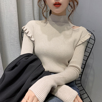 Wooden ear hollow high neck bottoming sweater lady inside 2020 Autumn and Winter new foreign style slim cut-off shoulder knitted shirt