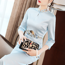 Retro Chinese style improved long cheongsam knee-length 2021 spring new temperament elegant slim Tang dress women