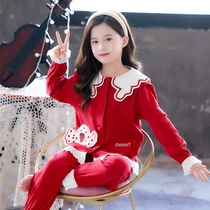 Childrens pajamas Girls spring and Autumn pure cotton long-sleeved thin summer baby princess Middle-aged virgin girl 13-year-old home clothes