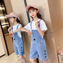 Girls summer clothes strap shorts new medium big childrens Western style short-sleeved jeans net red two-piece set