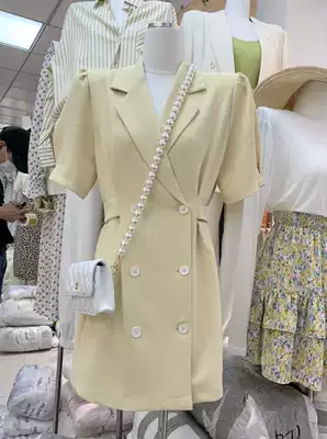 F THREE new 2021 spring/summer harbor style lapel dress double-breasted waist short sleeve dress ins1918