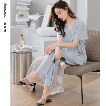 Modal pajamas women summer thin ice silk V collar middle-aged mom home wear short sleeves long pants spring and autumn set