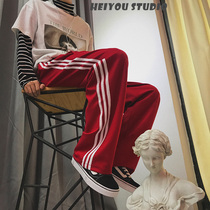 Red striped day system oversize ancient feeling sport pants male broadleg straight cylinder American oldschool pants