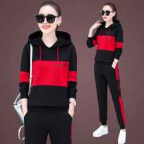 BBQ hooded leisure sports suit womens spring and autumn 2020 new stitching loose sweater running two-piece suit