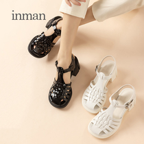 Inman womens shoes 2021 summer new vacation rough with Roman sandals womens retro hollow high heels Joker ins