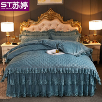  Korean padded bed skirt crystal velvet four-piece autumn and winter warm double-sided velvet lace thickened coral bedspread quilt cover