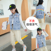 Girls denim vest foreign style big children Korean version of 6-12 years old little girls wear girls vest tide outside the horse clip