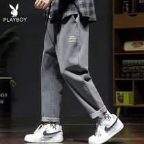 Playboy jeans mens loose straight tube 2021 new trend brand fashion nine-point wide-leg hip-hop daddy pants