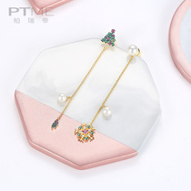 Christmas tree snowflake earrings female long temperament 925 sterling silver asymmetric earrings wild personality imitation pearl ear ornaments