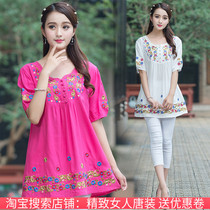 2021 summer dress new loose cotton linen embroidery floral T-shirt National style large size shirt womens short sleeve top women