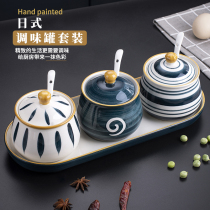 Kitchen light luxury ceramic seasoning box set home combined kitchen spoon cover one sealed storage box jar