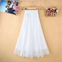 2021 Spring Summer chiffon skirt solid color big swing skirt two layers slim and elegant beach holiday skirt a long skirt