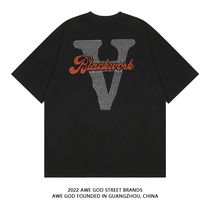 AWE GOD Guochao letter hot diamond short-sleeved T-shirt men and women 2022 summer new casual bottoming top ins