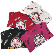 2021 spring and autumn children boys and girls baby Buddha head full of printed letters round neck sleeve sweater cotton terry fabric