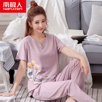 Lady Sleepwear Summer Pure Cotton Short Sleeve Long Pants Two Sets Middle-aged Mom Full Cotton Thin big code Home Residence Suit Suit