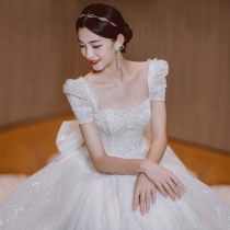 Star main wedding dress 2021 summer new bride bubble sleeve Moren Super fairy dream temperament square collar French long trailing tail