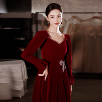 Velvet toast to brides 2022 new summer autumn red wedding long sleeves engagement back door gown with dress slim