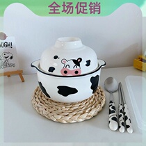 Foam noodles bowls Ins Day Cute Student Dorm Room With Cover Ceramic Bowl Large Capacity Dairy Cow Bowl Eat Cartoon Soup Bowl