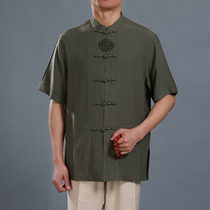 Baifulong ethnic style male Chinese button short sleeve jacket middle-aged father high-grade men Tang suit summer dress