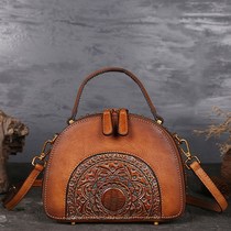 Retro handmade leather carved womens bag leather shoulder messenger bag first layer cowhide rubbed shell bag rivet handbag bag