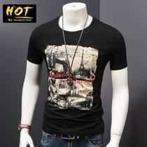 Mens short-sleeved t-shirt trendy brand 2022 summer new round neck slim fit cotton print pattern t-shirt trend