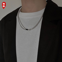 Mens necklace sterling silver trendy niche design all-match double layered black diamond pendant silver chain couple light luxury hip-hop