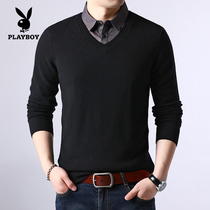 Playboy fake two-piece sweater mens shirt collar pullover loose knit base shirt autumn mens pure cardigan