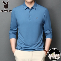  Playboy mulberry silk long-sleeved t-shirt mens spring and autumn lapel solid color POLO shirt middle-aged mens ice silk loose shirt