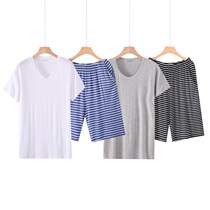 Summer mens modal short-sleeved pajamas ice silk enlarged striped shorts can be worn outside thin section loose home service suit