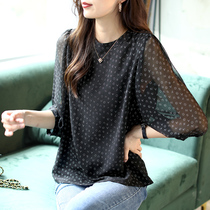 Baoshi Li black letter printed chiffon shirt womens summer new round neck shirt 2021 loose thin top