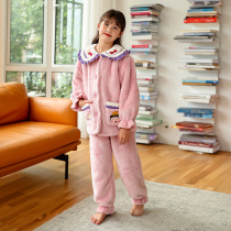 Childrens coral velvet pajamas autumn and winter girls flannel little girl home clothes plus thick suit