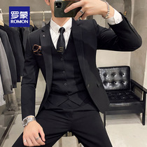 Romon solid color suit male black professional work business formal wear three-piece suit groom wedding dress