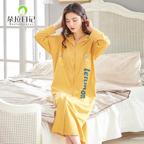 Spring Autumn Sleeping Dress Woman Pure Cotton Long Sleeve Open Shirt Cartoon Long style Knee Lady Han Version Loose Sleepwear Cute Shirt Dress