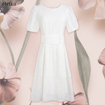  Akka chiffon high waist round neck thin dress female summer 2021 new bubble sleeve mid-length skirt elegant