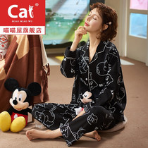 Pajamas women spring and autumn cotton long sleeve fat sister cartoon set Korean fattened plus size can wear home clothes