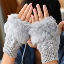 A1435 Korean version gloves warm arm cover cute grid tattoo wool thread knit half finger glove female winter