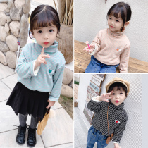 Girls plus velvet base shirt autumn children autumn winter high neck striped T-shirt baby girl Autumn dress Foreign color top