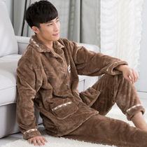 Mens pajamas autumn and winter coral velvet can be worn outside thickened winter plus velvet flannel home clothing two-piece male sy