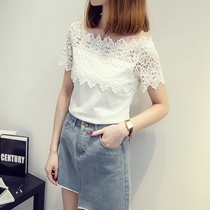 Spring and summer Korean version of large size womens clothing thin one-line collar off-the-shoulder lace top Solid color short-sleeved T-shirt womens half-sleeve T-shirt