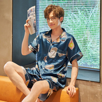 Summer pajamas mens silk thin cardigan short-sleeved mens home clothes large size ice silk summer shorts set spring and autumn