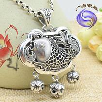 s925 pure silver long life lock pendant carp lotus Thai silver retro hollowed-out womens sweater chain big pendant to send friends
