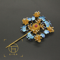 Pure silver floral silk inlaid with enamel painted blue palace Qing Dynasty hair Hairpin Flowers Platinum Han Costume Jewellery Hanfu Ancient Costume head decoration