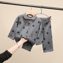 Childrens pajamas spring and autumn clothing set for girls cotton gauze girls home clothes baby polka dot air conditioning clothing two-piece set