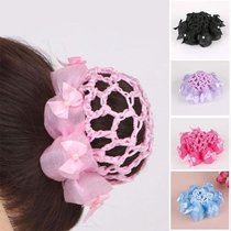 New childrens hair net bag dance with bow flower professional headdress performance plate ball Ball flower head