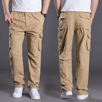 Mens spring and autumn size plus fertilizer to increase trousers middle-aged mens elastic waist overalls cotton multi-pocket trousers