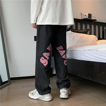 Fried street pants mens ins Tide brand embroidered letter jeans spring and autumn Korean version of Joker loose straight drumbed pants
